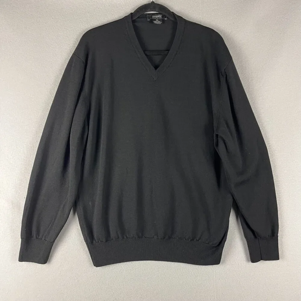 Giorgiolini‎ Merino Wool Sweater Mens XL Black V Neck Knit Classic Made In Italy